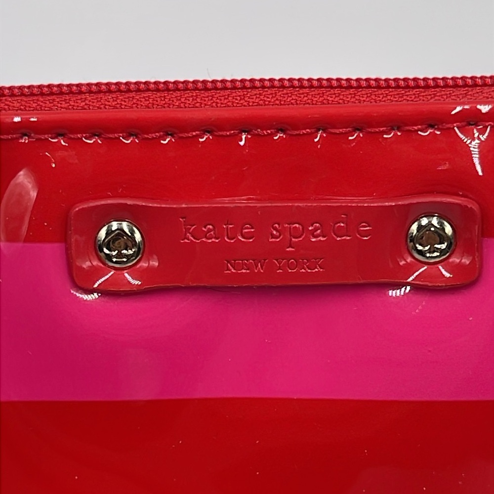 Kate Spade Patent Red and Hot Pink Striped Zip Small Wallet/Bag/Pouch 6" Wide - Picture 2 of 13